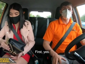 Lady Dee gives a handjob with hand sanitizer before deepthroating her instructor's penis in a car